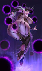  1girl absurdres anal anal_beads anal_object_insertion ass bad_id bad_pixiv_id bare_shoulders colored_sclera fake_horns fingernails floating headgear highres horned_headwear horns jm_(729302585) league_of_legends lipstick long_fingernails long_hair magic makeup nail_polish o-ring object_insertion open_mouth purple_eyes purple_lips purple_nails purple_sclera purple_theme pussy pussy_juice sex_toy signature soles solo syndra teeth toenails very_long_fingernails white_hair 