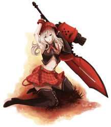  10s 1girl alisa_ilinichina_amiella arms_up blonde_hair blue_eyes boots elbow_gloves fingerless_gloves gloves god_eater god_eater_burst gun hat highres huge_weapon kneeling midriff navel no_bra nomura_hayashi pantyhose parted_lips plaid plaid_skirt skirt sleeveless solo suspender_skirt suspenders sword thigh_boots thighhighs weapon 