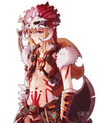  1boy absurdres akira_(ying) blonde_hair blue_eyes bodypaint braid brown_pants brown_vest closed_mouth copyright_request fur_trim hair_between_eyes headdress highres long_hair male_focus pants simple_background skull_on_head solo vest watermark white_background 