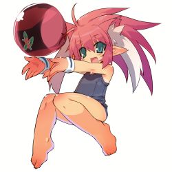  1girl animal_ears aqua_eyes ball bare_shoulders barefoot beachball cat_ears extra_ears fang feet full_body long_hair ninja_toes one-piece_swimsuit open_mouth original petite pink_hair pointy_ears simple_background solo swimsuit white_background wristband zankuro 
