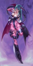  1girl absurdres animal_print aqua_hair bat_print blue_eyes breasts bridal_gauntlets claws cleavage covered_erect_nipples head_wings highres leotard long_hair morrigan_aensland open_mouth pantyhose powudon purple_pantyhose skindentation slit_pupils solo tongue tongue_out transformation vampire_(game) wings 