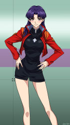  1girl artist_name bare_legs blush breasts brown_eyes cross cross_necklace curvy dress earrings fingernails hands_on_own_hips highres jacket jewelry katsuragi_misato kimleon large_breasts lips long_hair looking_at_viewer necklace neon_genesis_evangelion open_clothes open_jacket purple_hair red_jacket short_dress simple_background smile solo standing wide_hips  rating:Sensitive score:9 user:popotepopote
