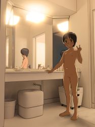  1girl after_bathing barefoot cleft_of_venus completely_nude female_focus flat_chest full_body grin highres kikurage_(crayon_arts) loli looking_at_viewer mirror nipples nude nude_filter original peace_symbol pussy reflection restroom short_hair smile solo standing third-party_edit v wet  rating:Explicit score:323 user:lnccabyss