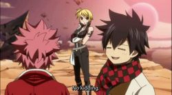 1girl 2boys animated animated_gif black_hair blonde_hair creepy english_text fairy_tail fang goggles goggles_on_head gray_surge lowres lucy_ashley multiple_boys natsu_dragion red_hair scarf snapped standing subtitled rating:Sensitive score:17 user:nobody117