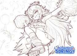  1girl :d absurdres ass breasts cheerleader crop_top fang from_below goddess_of_victory:_nikke greyscale highres inugressive long_hair monochrome official_alternate_costume open_mouth panties pantyshot poli_(cheer_up_police)_(nikke) poli_(nikke) pom_pom_(cheerleading) shoes sidelocks sketch skin_fang skirt small_breasts smile sneakers socks solo sparkling_eyes sports_bra underwear unfinished very_long_hair wavy_hair 