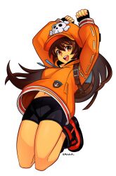  1girl :d absurdres arms_up bike_shorts black_gloves blush breasts brown_eyes brown_hair cabbie_hat commentary english_commentary fingerless_gloves full_body gloves guilty_gear hat highres hood hoodie long_hair long_sleeves looking_at_viewer may_(guilty_gear) medium_breasts navel open_mouth orange_hat orange_hoodie skull_and_crossbones smgold smile solo teeth upper_teeth_only white_background 
