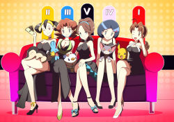  00s 10s 1990s_(style) 5girls ;) ;d ahoge ankle_ribbon banknote bare_shoulders black_dress black_hair blue_eyes blue_hair bow breasts brown_eyes brown_hair caroline_(pokemon) choker cleavage couch creatures_(company) criss-cross_halter crossed_legs cyndaquil delia_ketchum dress eyeshadow flipped_hair game_freak gen_1_pokemon gen_2_pokemon gen_3_pokemon gen_4_pokemon gen_5_pokemon glameow grin hair_ornament hair_rings hairclip halterneck hand_on_own_knee happy head_rest headband high_heels highres indoors jewelry johanna_(pokemon) johto_mother knees_together_feet_apart large_breasts leg_ribbon lineup long_hair looking_at_viewer makeup mature_female miniskirt mole mole_under_eye money mother_(pokemon) mudkip multiple_girls nintendo one_eye_closed open_mouth orange_eyes oshawott pikachu pokedollar pokemon pokemon_(anime) pokemon_(classic_anime) pokemon_(creature) pokemon_bw pokemon_dppt pokemon_dppt_(anime) pokemon_gsc pokemon_rse pokemon_rse_(anime) ponytail red_eyes retro_artstyle ribbon sandals scrunchie shoes short_dress short_hair simple_background sitting skirt smile unova_mother_(bw) vivivoovoo wink  rating:Sensitive score:348 user:Smack