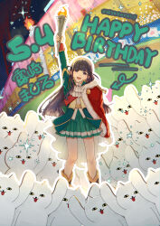  1girl :d absurdres arm_at_side arm_up arrow_(symbol) arsum0731 ascot back_bow belt belt_buckle black_footwear black_hair blunt_bangs blurry blurry_background boots bow buckle cat character_cutout character_name commentary fire full_body fur-trimmed_jacket fur_trim green_bow green_jacket green_skirt happy_birthday highres holding holding_torch jacket jacket_on_shoulders light_blush long_hair long_sleeves looking_at_viewer miniskirt night open_clothes open_jacket open_mouth outdoors outline outstretched_arm pleated_skirt purple_eyes red_jacket red_sash sash shirt shoujo_kageki_revue_starlight shoulder_sash sidelocks single_stripe skirt smile solo sparkle stadium standing striped_clothes striped_skirt torch translated tsuyuzaki_mahiru two_side_up waist_cape white_ascot white_outline white_shirt yellow_belt 