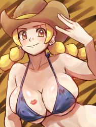 &gt;:) 1girl alternate_color bare_arms bare_shoulders bikini blonde_hair blue_bikini blush breasts brown_hat cleavage closed_mouth covered_erect_nipples cowboy_hat cowgirl_(western) creatures_(company) deep_skin game_freak hat heart heart-shaped_pupils large_breasts lipstick_mark long_hair nakaba nintendo npc_trainer pokemon pokemon_breeder_(pokemon) pokemon_sm shiny_skin solo swimsuit symbol-shaped_pupils twintails underboob v-shaped_eyebrows yellow_eyes  rating:Sensitive score:101 user:danbooru