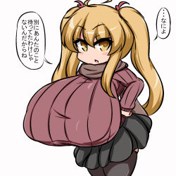1girl black_thighhighs blonde_hair breasts female_focus gigantic_breasts hair_ornament highres leaning_forward long_twintails looking_at_viewer miniskirt moyashi_udon open_mouth ribbed_sweater simple_background skirt solo standing sweater thighhighs translation_request twintails white_background yellow_eyes rating:Sensitive score:27 user:Xander