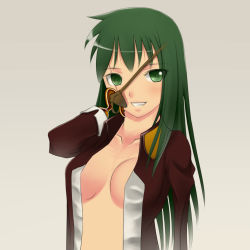   1girl amputee breasts cleavage eyepatch green_eyes green_hair grin highres hook long_hair pirate scar smile  rating:Questionable score:0 user:relic77