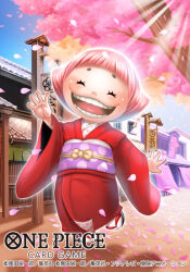  1girl ^_^ cherry_blossoms child closed_eyes commentary_request copyright_name japanese_clothes kimono obi official_art one_piece one_piece_card_game open_mouth pink_hair pink_petals purple_sash red_kimono sash short_eyebrows short_hair smile socks solo sunlight toko_(one_piece) tsutsui_misa waving white_socks 