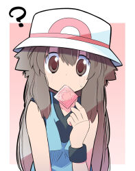  1girl ? black_wristband blue_shirt brown_eyes brown_hair condom condom_in_mouth condom_wrapper creatures_(company) game_freak hat highres leaf_(pokemon) long_hair looking_at_viewer mouth_hold nintendo pokemon pokemon_frlg rascal_(feuille) shirt sleeveless sleeveless_shirt solo white_hat 