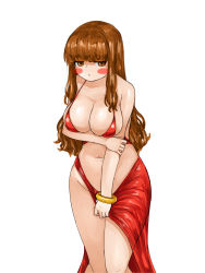  1girl bare_shoulders blush bracelet breasts brown_eyes brown_hair clothing_cutout collarbone dress embarrassed fate/extra fate_(series) gold_bracelet highres jewelry kishinami_hakuno_(female) leg_cutout long_hair medium_breasts navel navel_cutout red_dress revealing_clothes shiny_skin skindentation steamingtofu straight_bangs wavy_hair white_background  rating:Questionable score:21 user:RoscoePColeslaw