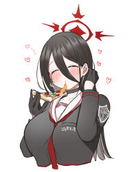  1girl black_choker black_gloves black_hair black_serafuku black_wings blue_archive blush breasts choker closed_eyes eating emirio_(emirio110) feathered_wings food gloves halo hasumi_(blue_archive) heart highres holding holding_food large_breasts long_hair long_sleeves pizza red_halo sailor_collar school_uniform serafuku simple_background smile solo upper_body white_background white_sailor_collar wings 