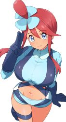  1girl blue_eyes blue_gloves breasts closed_mouth creatures_(company) crop_top dark-skinned_female dark_skin finger_gun game_freak gloves hand_up highres holster kamidan large_breasts looking_at_viewer midriff navel nintendo one_side_up pokemon pokemon_bw red_hair short_shorts shorts sidelocks simple_background skindentation skyla_(pokemon) stomach suspender_shorts suspenders thigh_holster thighs white_background 