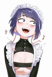  1girl absurdres alternate_costume apron audio_jack black_leotard boku_no_hero_academia breasts center_opening enmaided highres jirou_kyouka leotard long_earlobes maid maid_apron maid_headdress music musical_note open_mouth purple_eyes purple_hair short_hair simple_background singing small_breasts solo teeth underboob waligner white_apron white_background 