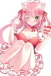  1girl :q animal_ears breasts cat_ears cat_girl cat_tail closed_eyes closed_mouth cowlick cup dress food fruit green_eyes hair_ornament hairband hamico hand_up heart-shaped_ornament highres holding holding_cup holding_food holding_spoon ice_cream large_breasts long_hair looking_to_the_side maid maid_headdress neck_ribbon no_socks one_eye_closed original pink_hair red_dress ribbon short_sleeves sitting spoon strawberry tail tongue tongue_out white_background 