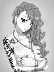  1girl arya-aiedail blush bracelet breasts_squeezed_together breasts cleavage collarbone completely_nude covering_privates covering_breasts crossed_arms crystal curvy earrings english_text expressionless eyelashes fairy_tail gem grey_background greyscale head_tilt huge_breasts jewelry juvia_lockser large_breasts lips long_hair looking_at_viewer monochrome necklace nude parted_lips ring simple_background snow solo standing tattoo upper_body  rating:Questionable score:73 user:artur23