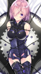  1girl arms_behind_back bad_id bad_pixiv_id bare_arms bdsm black_bodysuit blush bodysuit bondage bound breasts chain elbow_gloves fate/grand_order fate_(series) gloves hair_over_one_eye highres kobayashi_chisato looking_at_viewer mash_kyrielight medium_breasts on_bed pink_hair purple_eyes shibari shibari_over_clothes shield short_hair solo thighhighs  rating:Sensitive score:14 user:danbooru