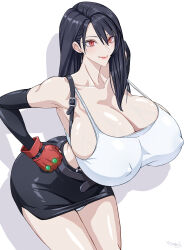  1girl absurdres black_gloves black_hair black_skirt blush breasts cleavage closed_mouth collarbone covered_erect_nipples cowboy_shot curvy earrings elbow_gloves final_fantasy final_fantasy_vii fingerless_gloves fwaf gloves hands_on_own_hips highres huge_breasts jewelry long_hair looking_at_viewer panties pantyshot pencil_skirt red_eyes red_gloves shiny_skin sidelocks signature skirt smile solo standing suspender_skirt suspenders tank_top thick_thighs thighs tifa_lockhart underwear veins veiny_breasts white_background  rating:Sensitive score:52 user:Oppai_chan