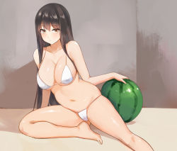 10s 1girl :/ akagi_(kancolle) alternate_costume arm_support bad_id bad_pixiv_id belly bikini black_hair blush breasts brown_eyes cameltoe cleavage closed_mouth collarbone covered_erect_nipples food fruit kantai_collection large_breasts long_hair looking_at_viewer navel plump sitting solo swimsuit very_long_hair watermelon white_bikini yostxxx rating:Questionable score:32 user:danbooru
