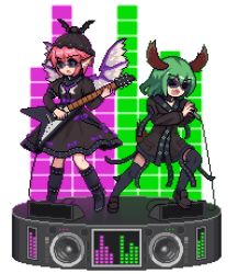  2girls alternate_costume animal_ears bird_wings black_dress black_footwear black_headwear black_legwear boots cable choujuu_gigaku commentary dog_ears dog_tail dress ears_up electric_guitar english_commentary fang feathered_wings full_body gibson_flying_v green_hair guitar hands_up hat holding holding_instrument holding_microphone instrument juliet_sleeves kasodani_kyouko knee_boots loafers long_sleeves lowres microphone mob_cap multiple_girls music mystia_lorelei open_mouth pink_hair pixel_art playing_instrument pocket podium puffy_sleeves shoes short_hair sidelocks singing speaker sunglasses tail the_hammer_(pixiv30862105) thighhighs touhou transparent_background white_wings winged_hat wings zettai_ryouiki  rating:Sensitive score:4 user:danbooru