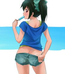  1girl akatsuki_nagisa black_hair blue_background blue_shirt bow butt_crack character_request check_character cowboy_shot denim denim_shorts food food_in_mouth from_behind green_bow green_shorts green_tank_top hair_bow highres holding holding_food holding_popsicle lone_nape_hair looking_at_viewer looking_back panties panty_peek ponytail popsicle sano_keiichi shirt short_shorts short_sleeves shorts shorts_tug sidelocks sideways_glance solo strike_the_blood tank_top two-tone_background underwear white_background 