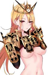  1girl armor ateoyh bad_id bad_pixiv_id blonde_hair breastplate breasts commentary_request crown eyelashes gauntlets gold_trim highres kamen_rider kamen_rider_grand_zi-o kamen_rider_zi-o kamen_rider_zi-o_(series) large_breasts long_hair looking_at_viewer navel red_eyes rider-tan shoulder_armor solo spoilers underboob upper_body  rating:Sensitive score:36 user:danbooru