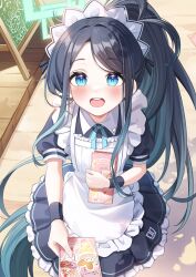  1girl :d absurdly_long_hair absurdres apron aqua_hair aqua_ribbon aris_(blue_archive) aris_(maid)_(blue_archive) black_dress black_hair black_ribbon blue_archive blue_eyes blue_halo chalkboard_sign collared_shirt commentary dot_nose dress floating_hair frilled_apron frilled_dress frills from_above gradient_hair hair_intakes hair_ribbon halo highres holding holding_paper indoors light_blush long_hair looking_at_viewer maid maid_apron multicolored_hair neck_ribbon number_print official_alternate_costume open_mouth paper pleated_dress ponytail puffy_short_sleeves puffy_sleeves raised_eyebrows ribbon romi_(9_romi_7) shadow shirt short_sleeves sidelocks smile swept_bangs tareme teeth upper_teeth_only very_long_hair white_apron white_shirt wooden_floor wrist_cuffs 