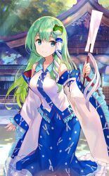  1girl bare_shoulders blue_collar blue_eyes blue_ribbon blue_skirt breasts closed_mouth collar collared_shirt detached_sleeves frilled_shirt_collar frilled_skirt frilled_sleeves frills frog_hair_ornament fuzichoco gohei green_hair hair_ornament holding holding_gohei kochiya_sanae large_breasts leaning_forward long_hair long_sleeves looking_at_viewer moriya_shrine nontraditional_miko official_art outdoors path ribbon road shirt single_hair_tube single_sidelock skirt sleeve_ribbon sleeveless sleeveless_shirt sleeves_past_wrists smile snake_hair_ornament sunlight touhou touhou_cannonball tree white_shirt white_sleeves wide_sleeves 