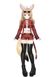  1girl ahoge animal_ear_fluff animal_ears arms_at_sides belt black_choker black_hair blonde_hair blue_hair blush boots bracelet brown_belt choker cropped_jacket cropped_shirt earrings eyewear_on_head fox_ears fox_girl fox_tail full_body glasses heart heart-shaped_eyewear heart-shaped_pupils heart_choker hololive jacket jewelry kou_mashiro long_hair long_sleeves looking_at_viewer midriff multicolored_hair multiple_bracelets multiple_necklaces nail_polish navel official_alternate_costume official_alternate_hairstyle official_art omaru_polka omaru_polka_(5th_costume) opaque_glasses open_clothes open_jacket pink_hair plaid plaid_jacket plaid_shorts purple_eyes red-tinted_eyewear red_nails red_shorts shirt shorts simple_background sleeves_past_wrists smile solo standing streaked_hair sunglasses symbol-shaped_pupils t-shirt tachi-e tail thigh_boots tinted_eyewear transparent_background virtual_youtuber white_shirt 