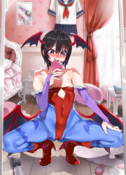  1girl animal_print ankle_boots asanagi bare_shoulders bat_print bat_wings bed black_eyes black_hair blue_pantyhose blush boots breasts bridal_gauntlets butt_plug cameltoe capcom cellphone cosplay covered_navel curtains cutout_above_navel demon_girl diamond_cutout egg_vibrator fang full_body halloween head_wings high_heel_boots high_heels highleg highleg_leotard highres hitachi_magic_wand holding holding_phone leotard lilith_aensland lilith_aensland_(cosplay) looking_at_phone low_wings mirror open_mouth original pantyhose phone print_pantyhose red_footwear red_leotard reflection school_uniform selfie serafuku sex_toy short_hair small_breasts smartphone smile solo squatting strapless strapless_leotard taking_picture vampire_(game) vibrator wings 