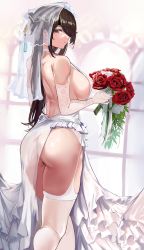 1girl absurdres ass back bare_shoulders beidou_(genshin_impact) blush bouquet breasts bridal_veil bride brown_hair colored_eyepatch dress eyepatch feet_out_of_frame flower garter_straps genshin_impact hair_over_one_eye half_updo highres large_breasts long_hair looking_at_viewer looking_back loooyd no_bra red_eyes revealing_clothes sideboob standing thighhighs thighs veil wedding_dress white_dress white_thighhighs rating:Questionable score:230 user:danbooru