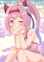  1girl ;p absurdres animal_ears blurry blush bow breasts casual_one-piece_swimsuit depth_of_field elbow_rest flower_in_eye hair_bow hair_intakes hands_on_own_face haru_urara_(umamusume) head_rest headband heart highres horse_ears horse_girl knees_up long_hair looking_at_viewer one-piece_swimsuit one_eye_closed outdoors pink_eyes pink_hair pink_one-piece_swimsuit ponytail ribbon saeki_tatsuya sitting small_breasts smile solo swimsuit symbol-shaped_pupils symbol_in_eye textless_version tongue tongue_out umamusume 
