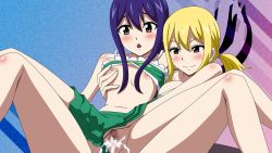 2girls blonde_hair blue_hair brown_eyes censored cum cum_in_pussy fairy_tail highres loli lucy_heartfilia multiple_girls nipples pussy skirt wendy_marvell rating:Explicit score:48 user:Wendy_Marvell