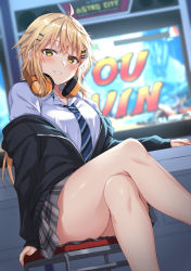 1girl ahoge arcade_cabinet arm_support astro_city black_jacket blonde_hair blue_necktie blurry blurry_background blush breasts brown_eyes collarbone collared_shirt commentary_request crossed_legs depth_of_field diagonal-striped_clothes diagonal-striped_necktie diagonal-striped_neckwear feet_out_of_frame grey_skirt hair_between_eyes hair_ornament hairclip headphones headphones_around_neck highres jacket komori_kuzuyu long_sleeves looking_at_viewer medium_breasts nao_(kuzuyu) necktie off_shoulder open_clothes open_jacket original parted_lips plaid plaid_skirt pleated_skirt puffy_long_sleeves puffy_sleeves shirt sitting skirt sleeves_past_wrists smile solo stool striped_clothes striped_necktie striped_neckwear white_shirt x_hair_ornament