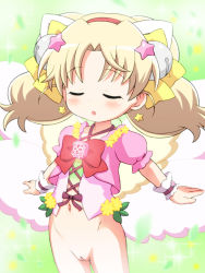 1girl :o animal_ears bad_id bad_pixiv_id bell blonde_hair blush bottomless bow cat_ears cleft_of_venus closed_eyes cowboy_shot earrings fake_animal_ears female_focus flower green_background groin hair_bell hair_bow hair_ornament halterneck jewelpet_(series) jewelpet_twinkle jewelry lasto loli miria_marigold_mackenzie navel open_mouth outstretched_arms puffy_short_sleeves puffy_sleeves pussy short_hair short_sleeves solo sparkle standing star_(symbol) thigh_gap twintails uncensored wings wrist_cuffs  rating:Explicit score:114 user:danbooru