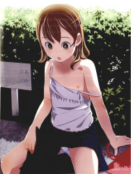 bag brown_eyes brown_hair camisole clothes_lift highres loli nipple_slip nipples panties public_indecency skirt skirt_lift sody source_request strap_slip underwear rating:Questionable score:173 user:dogfin