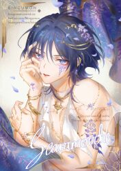  1boy alternate_costume artist_name blue_eyes blue_hair blue_nails blunt_ends bracelet character_name commentary crescent crescent_hair_ornament dark_blue_hair earrings english_commentary evee_(bingumon) eyeshadow fingernails flower flower_earrings genshin_impact gold_bracelet gold_necklace gold_ring gradient_background grey_background hair_between_eyes hair_ornament hand_on_own_face hand_up highres jewelry lips looking_at_viewer makeup male_focus nail_polish necklace no_headwear open_mouth petals red_eyeshadow ring scaramouche_(genshin_impact) shirt short_hair short_sleeves single_bare_shoulder solo tassel white_background white_shirt 
