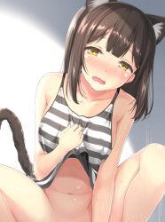  1girl animal_ears blush breasts brown_eyes brown_hair cat_ears cat_tail commentary_request cowgirl_position implied_sex karutamo long_hair looking_at_viewer medium_breasts open_mouth original out-of-frame_censoring solo straddling striped sweat tail wavy_mouth  rating:Questionable score:46 user:danbooru