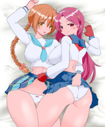  2girls asamiya_athena breasts crossover dead_or_alive kasumi_(doa) large_breasts long_hair multiple_girls school_uniform the_king_of_fighters 