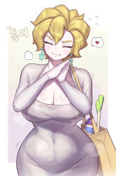  1girl alternate_costume bag black_footwear black_shirt blonde_hair blush bottle breasts briar_(pokemon) bright_pupils clenched_teeth closed_eyes commentary_request covered_navel creatures_(company) domaguri dress earrings facing_viewer feet_out_of_frame female_focus game_freak grin hair_between_eyes heart highres jewelry korean_commentary large_breasts long_sleeves looking_at_viewer milk_bottle moomoo_milk narrow_waist nintendo own_hands_together pale_skin pokemon pokemon_sv ring shirt short_hair shoulder_bag simple_background smile solo speech_bubble spoken_heart spring_onion standing teeth tight_clothes tight_dress white_dress wide_hips  rating:Sensitive score:14 user:popotepopote