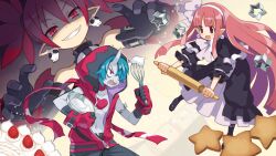  1boy 2girls black_dress black_footwear bowl cake colored_skin cookie_cutter cooking demon_boy demon_girl disgaea dress earrings etna_(disgaea) food frilled_dress frilled_sleeves frills fruit gloves grey_skin grin hair_over_one_eye harada_takehito highres jacket jewelry long_hair mage_(disgaea) makai_senki_disgaea_6 mixer_(cooking) mixing_bowl multiple_girls official_art open_clothes open_jacket open_mouth pink_hair pointy_ears red_eyes red_hair sharp_teeth shoes skull_earrings smile strawberry teeth twintails zed_(disgaea) zombie 