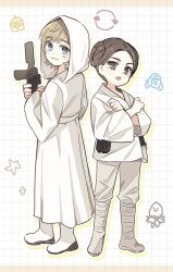  1boy 1girl belt blaster_(star_wars) blue_eyes boots brother_and_sister c-3po cosplay highres luke_skywalker luke_skywalker_(cosplay) munynyann princess_leia_organa_solo princess_leia_organa_solo_(cosplay) r2-d2 siblings standing star_wars star_wars:_a_new_hope 