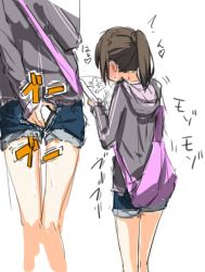  1girl bad_id bad_pixiv_id bag blush brown_hair cellphone denim denim_shorts discreet_vibrator feet_out_of_frame female_masturbation from_behind hand_under_clothes hand_under_shorts high_ponytail hood hood_down hoodie loli magazine_(object) masturbation masturbation_through_clothes moaning multiple_views open_fly phone ponytail porn_magazine pornography pussy_juice pussy_juice_trail reading sex_toy short_hair shorts simple_background sleeves_past_wrists sweat thigh_gap unzipped vibrator vibrator_under_clothes viewing_pornography white_background yamada_(gotyui)  rating:Explicit score:227 user:danbooru