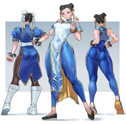  1girl absurdres ass bare_shoulders boots bracelet breasts bun_cover capcom china_dress chinese_clothes chun-li clenched_hand commentary cropped_vest double_bun dress earrings from_behind full_body hair_bun hair_ornament hand_on_own_hip hands_on_own_hips hands_up highres jewelry juaag_acgy knee_boots looking_at_viewer medium_breasts multiple_views pants pantyhose parted_lips pelvic_curtain puffy_short_sleeves puffy_sleeves shoes short_sleeves skin_tight sleeveless smile sneakers spiked_bracelet spikes standing street_fighter street_fighter_6 street_fighter_ii_(series) street_fighter_zero_(series) turtleneck unitard v vest white_footwear yoga_pants 