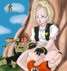 1girl 3boys android_16 android_18 bald black_gloves blue_eyes blush cell_(dragon_ball) closed_eyes clothed_sex clothes collar cunnilingus dragonball_z face_in_crotch flying gloves head_between_legs highres kinkybird kuririn multiple_boys muscular muscular_male open_clothes open_mouth oral surprised rating:Explicit score:19 user:xAkira