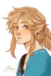  1boy artist_name blonde_hair blue_eyes blue_shirt close-up commentary earrings eleanorgrootch english_commentary highres jewelry link looking_at_viewer male_focus nintendo parted_lips pointy_ears ponytail profile shirt sidelocks simple_background solo the_legend_of_zelda the_legend_of_zelda:_breath_of_the_wild upper_body white_background 
