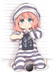  1girl anya_(spy_x_family) ball_and_chain_restraint blue_eyes blush character_name child closed_mouth ham_(points) hat holding holding_sign jumpsuit kneeling looking_at_viewer md5_mismatch medium_hair mugshot pink_hair prison_clothes sign sleeves_past_wrists smile solo spy_x_family striped_clothes striped_headwear webp-to-png_conversion 